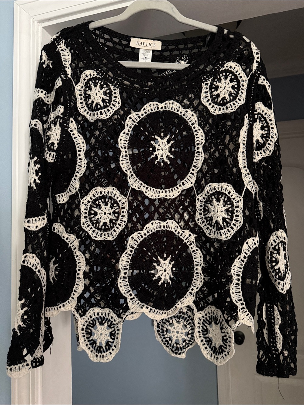 Haptics Black & White Crochet Openwork Pullover Sweater